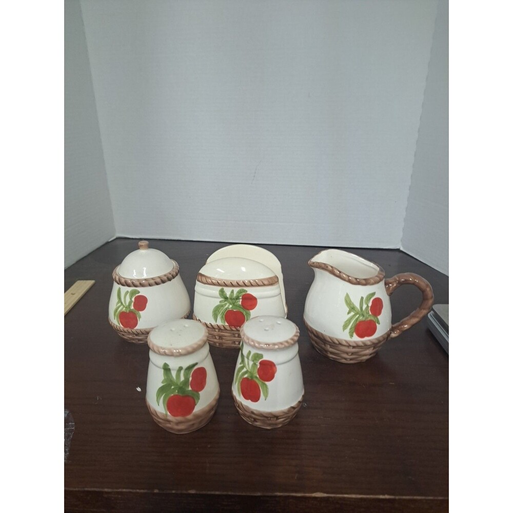 1980s Alco Apple Grove Basket Weave Kitchen Set: Napkin Holder S&P Shakers Sugar